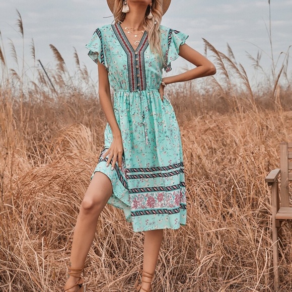 Boho Mint V Neck Button Ruffle Short Sleeve Dress - Picture 3 of 5